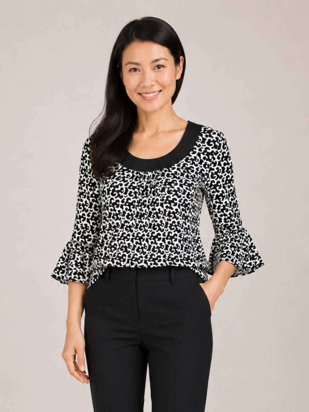 INC International Concepts Black and Light Grey Patterned Scoop Neck Blouse
